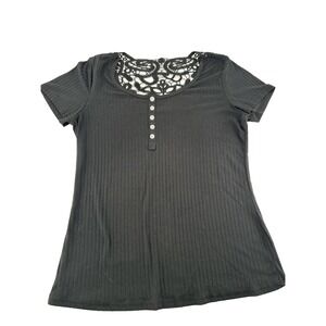 Bobbie Brooks Ladies Black Ribbed Knit Top Lace Accent‎ Buttons Size M